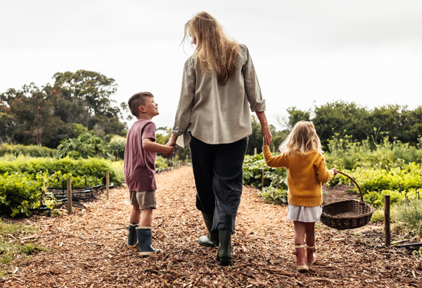 mom walking with children